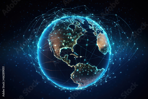 Global communication network around planet Earth in space, worldwide exchange of information by internet and connected satellites for finance, cryptocurrency or IoT technology. photo