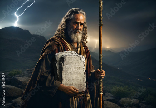 Moses holding the ten commandments stone tablet. Religious biblical theme concept. photo