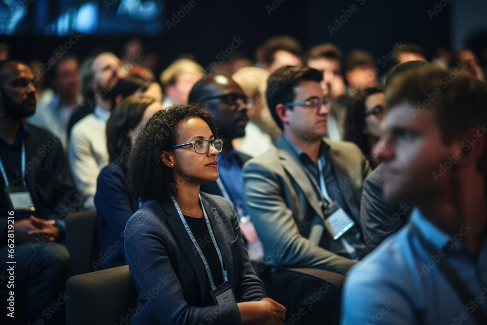 Business woman sitting in dark crowded auditorium at an international business conference. Business woman sitting in dark crowded auditorium at an international business conference.