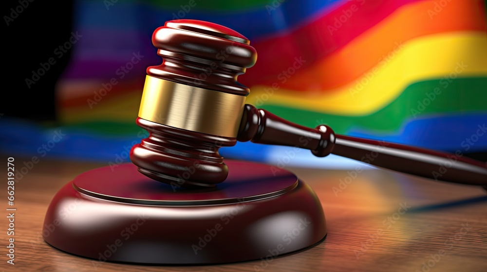 LGBT rights and laws concept. Wooden judge gavel on LGBT flags.