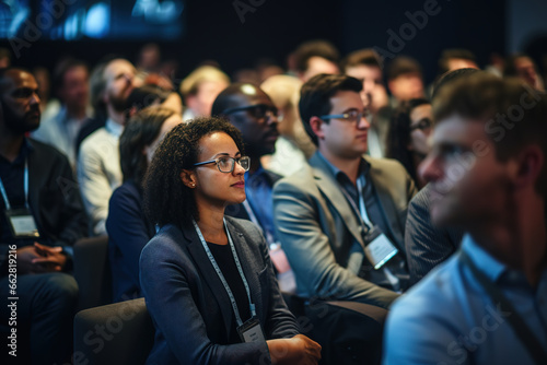 Business woman sitting in dark crowded auditorium at an international business conference.