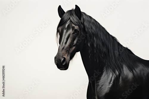 majestetic black horse stands in front of a white background, half body portrait