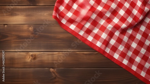 Red checkered tablecloth on empty wooden table. Napkin close up top view mock up for design. Kitchen rustic background.