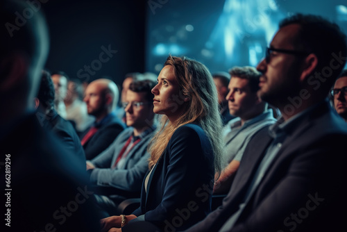 Business woman sitting in crowded auditorium at an international business conference.