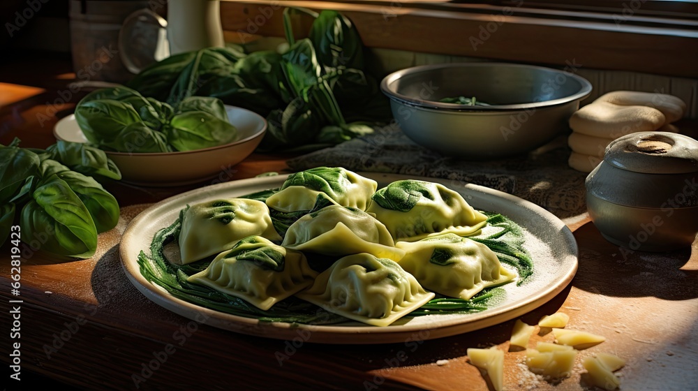 Handmade spinach ravioli, fresh and uncooked
