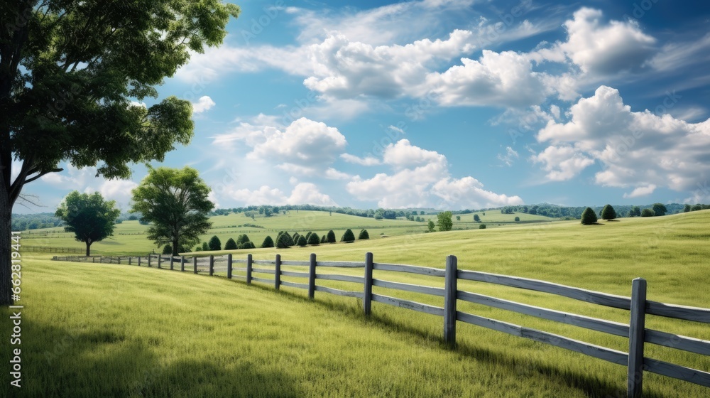 A vast Greenery field with white fence at a farm located in Kentucky, USA
