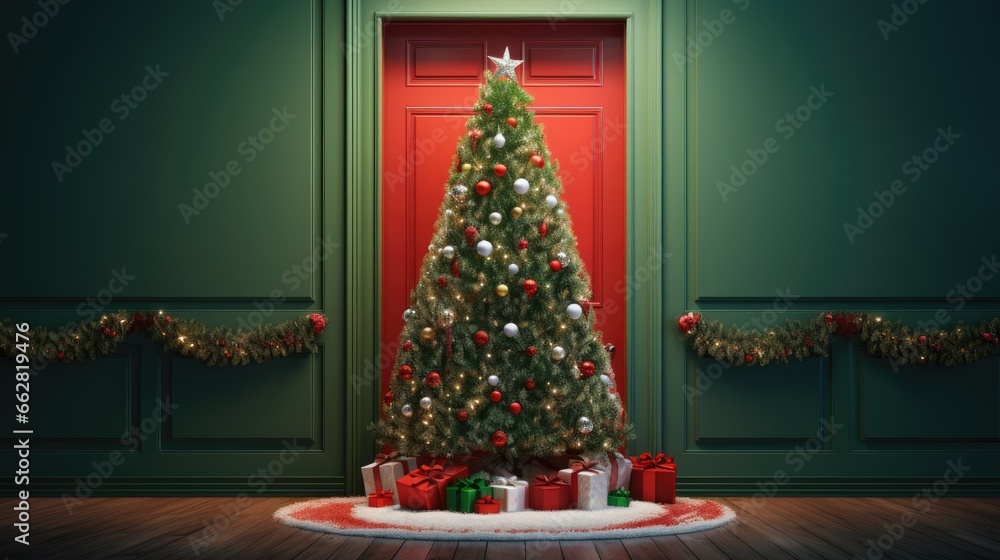 Christmas fir tree enters the red door decorated with lights and Santa hat on green background 3D Rendering, 3D Illustration