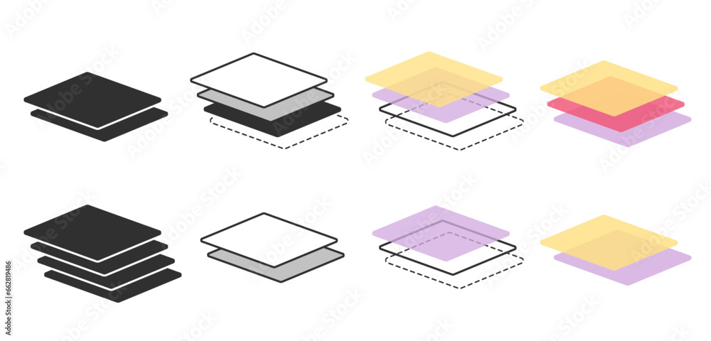 Layers materials stack 2, 3, 4 level surface icon vector pictogram simple line outline art, blend batch sheets symbol illustration set, tier double triple coat stratum, lamina cover diagram structure Layers materials stack 2, 3, 4 level surface icon vector pictogram simple line outline art, blend batch sheets symbol illustration set, tier double triple coat stratum, lamina cover diagram structure