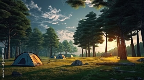 Tents Camping area, early morning, beautiful natural place with big trees and green grass, Europe