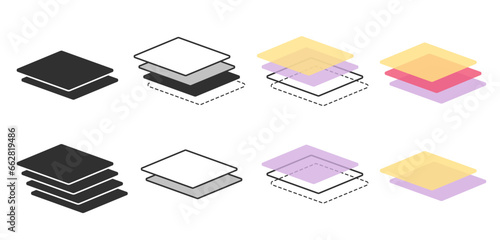 Layers materials stack 2, 3, 4 level surface icon vector pictogram simple line outline art, blend batch sheets symbol illustration set, tier double triple coat stratum, lamina cover diagram structure