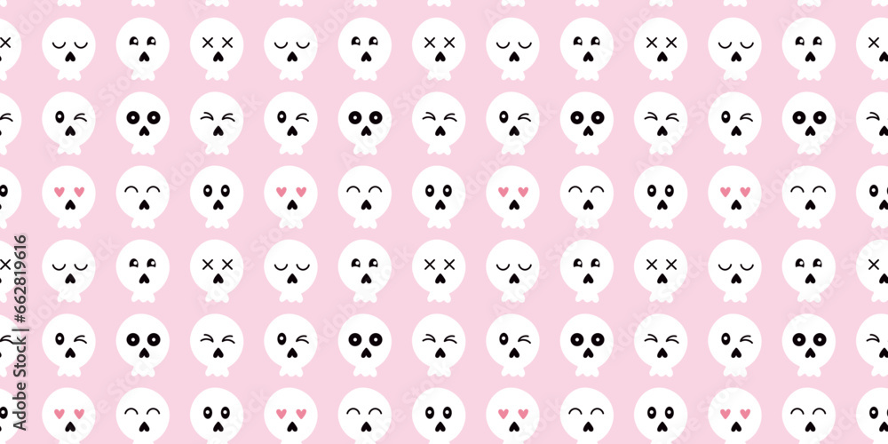 Seamless pattern white emoticon skulls on pink background for halloween in flat vector style