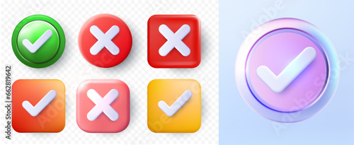 Fotografia Set of Glossy 3D Check Mark and Cross Buttons in Various Colors for User Interface Design