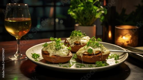 Stuffed mushrooms filled with cheese, mushroom stem and microgreen on the white plate with a glass of wine in the restaurant