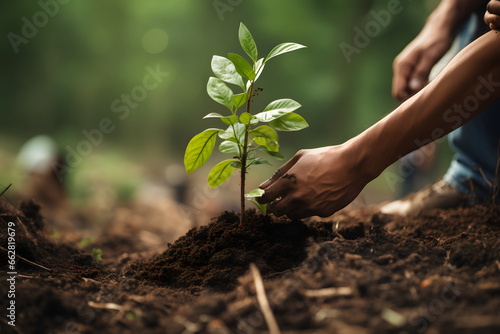 Close up of a hand planting a tree for forestration. Go Green concept