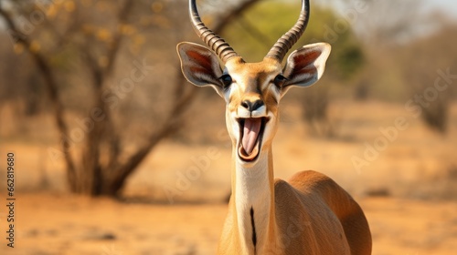 Chinkara or Indian gazelle Antelope animal funny face portrait or facial expression in outdoor wildlife safari at ranthambore national park reserve sawai madhopur rajasthan india - Gazella bennettii photo
