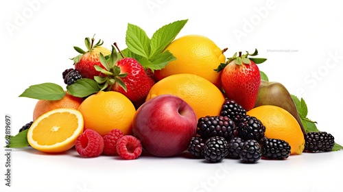 Assortment of fresh exotic fruits isolated on white background with clipping path, fresh and healthy fruits and berries mix