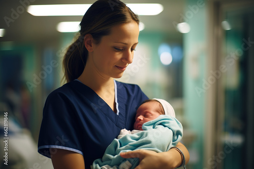 Nurse holding newborn baby in hospital.