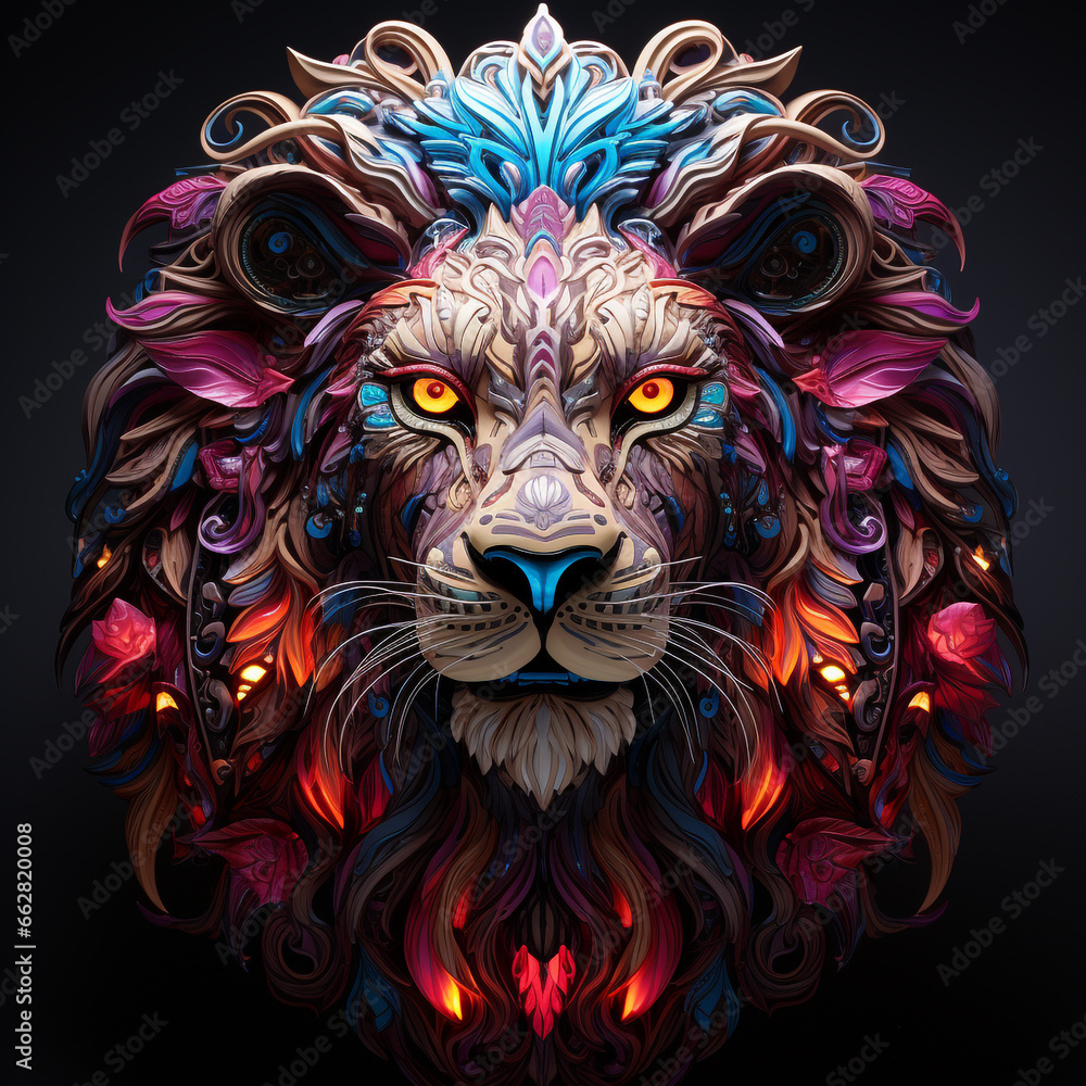 A 3D model of a lion's head built and decorated using LED neon that can produce a variety of beautiful and attractive colors.
