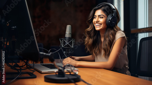Female Indian Podcaster Recording Audio Podcast from Home Studio