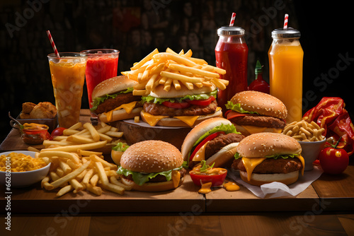 Various fast food on the table. Unhealthy food consumption