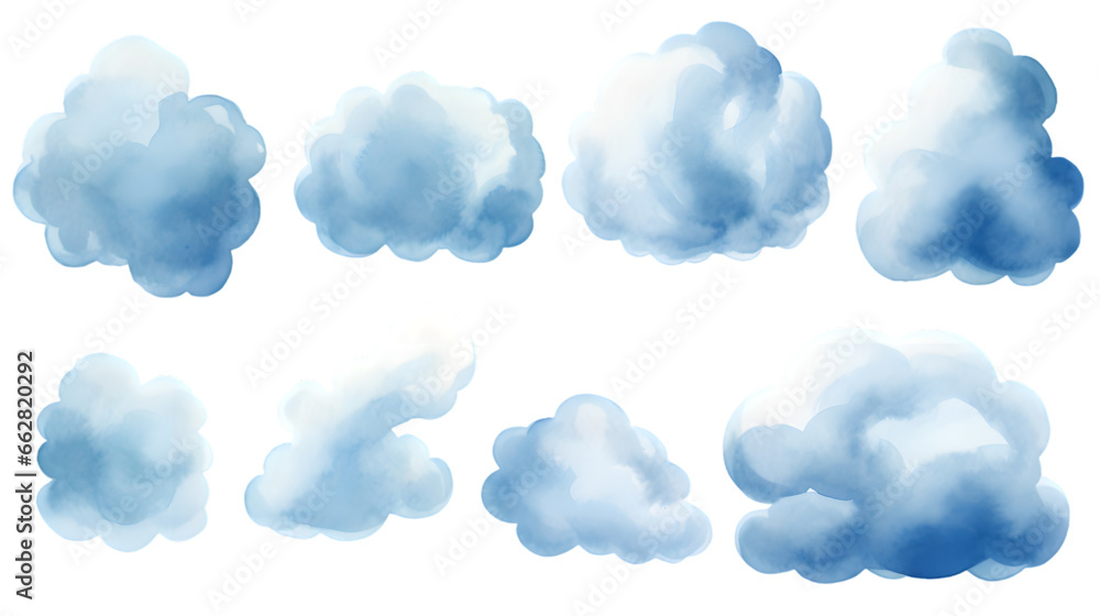 Watercolor set of sky blue clouds isolated on transparent background Watercolor set of sky blue clouds isolated on transparent background