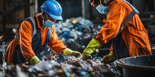 Interracial sorters in protective gloves and safety vests taking plastic containers from sacks while sorting trash together in waste disposal station, garbage sorting and recycling concept