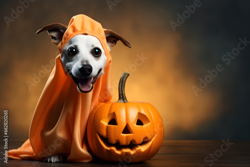 Funny dog wearing a cure ghost costume during halloween night.