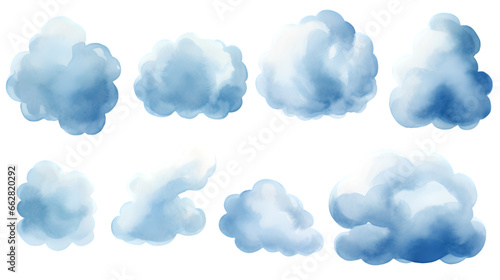 Watercolor set of sky blue clouds isolated on transparent background