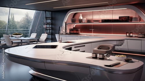A futuristic kitchen with sleek surfaces and integrated smart technology