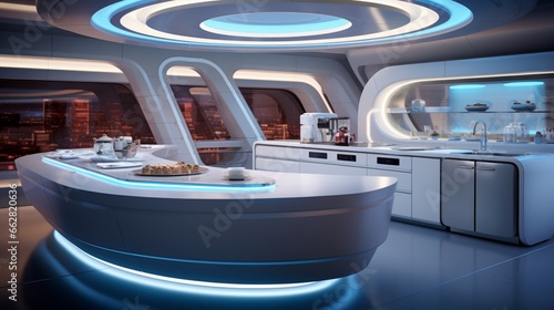 A futuristic kitchen with sleek surfaces and integrated smart technology
