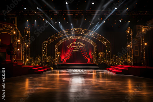 A promp stage party wedding scene lit with light. cinematic view