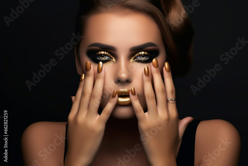 Brunette woman fashion model girl smokey eyes showing golden makeup in set with nails manicure combinated with hair photo