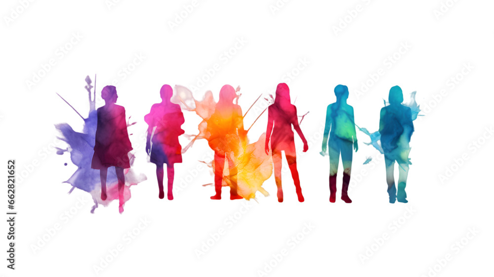 Watercolor colorful simple silhouettes people isolated on transparent background