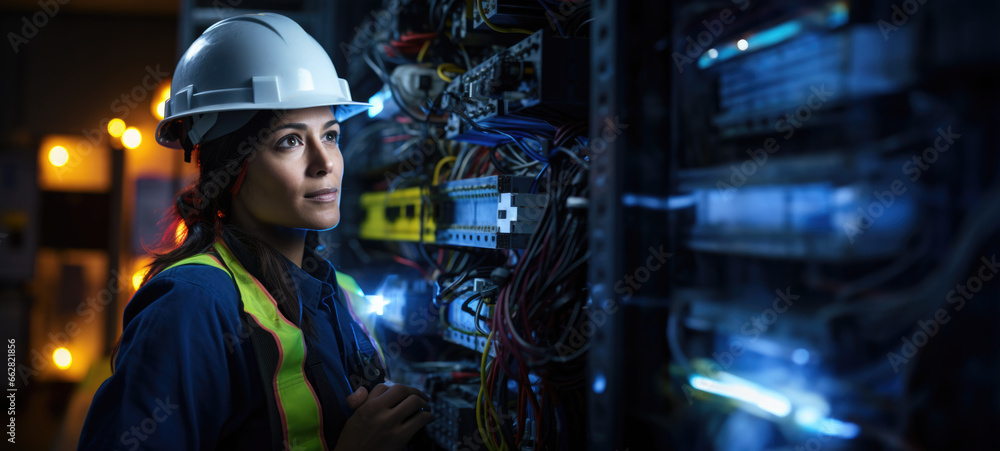 Electrician girl looks at the wires in the electrical panel, panorama Electrician girl looks at the wires in the electrical panel, panorama