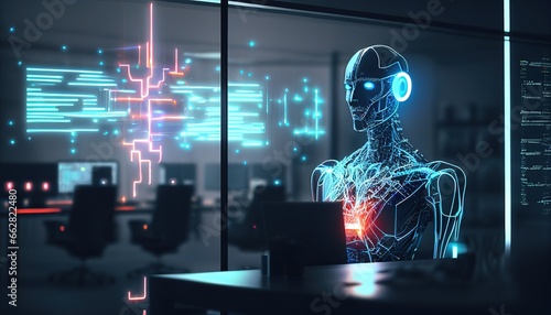 robot in an office, hologram data flow concept networking. 