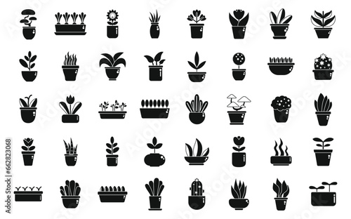 Garden on a windowsill icons set simple vector. Apartment blossom plant. Agriculture herb