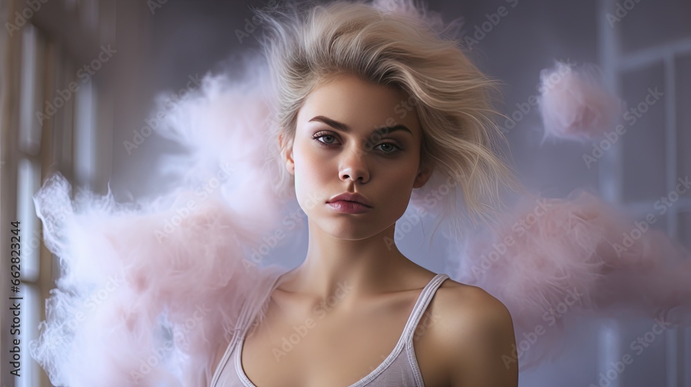 Model portraying a serene expression with soft smoke wafts around, creating a dreamy ambiance. Model portraying a serene expression with soft smoke wafts around, creating a dreamy ambiance.