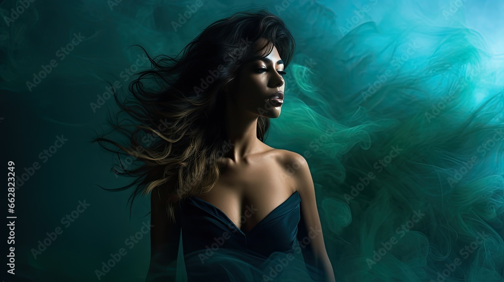 Model in a dramatic pose with swirling smoke patterns enhancing the mood.