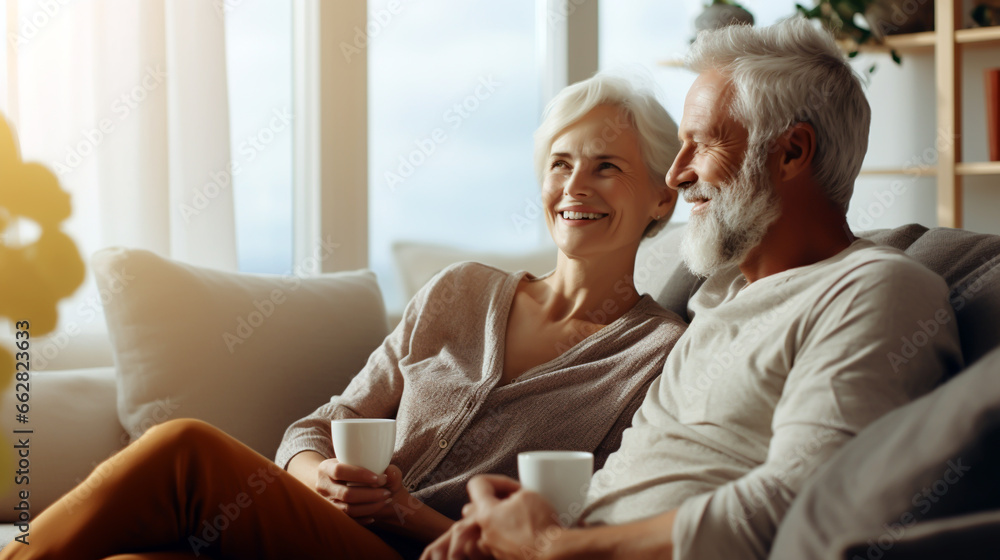 HAPPY ELDERLY MARRIED COUPLE ON THE SOFA. image created by legal AI HAPPY ELDERLY MARRIED COUPLE ON THE SOFA. image created by legal AI