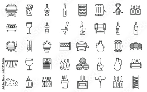 Wine cellar icons set outline vector. Barrel keg. Cellar wine rack