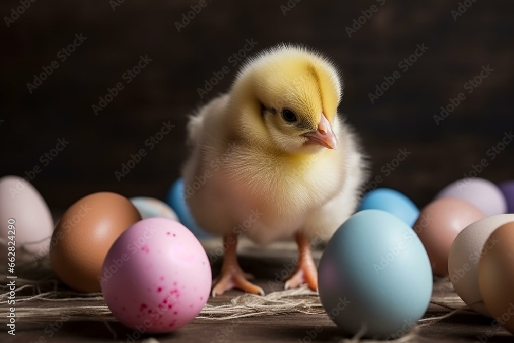 adorable baby chick with colorful Easter eggs. Generative AI