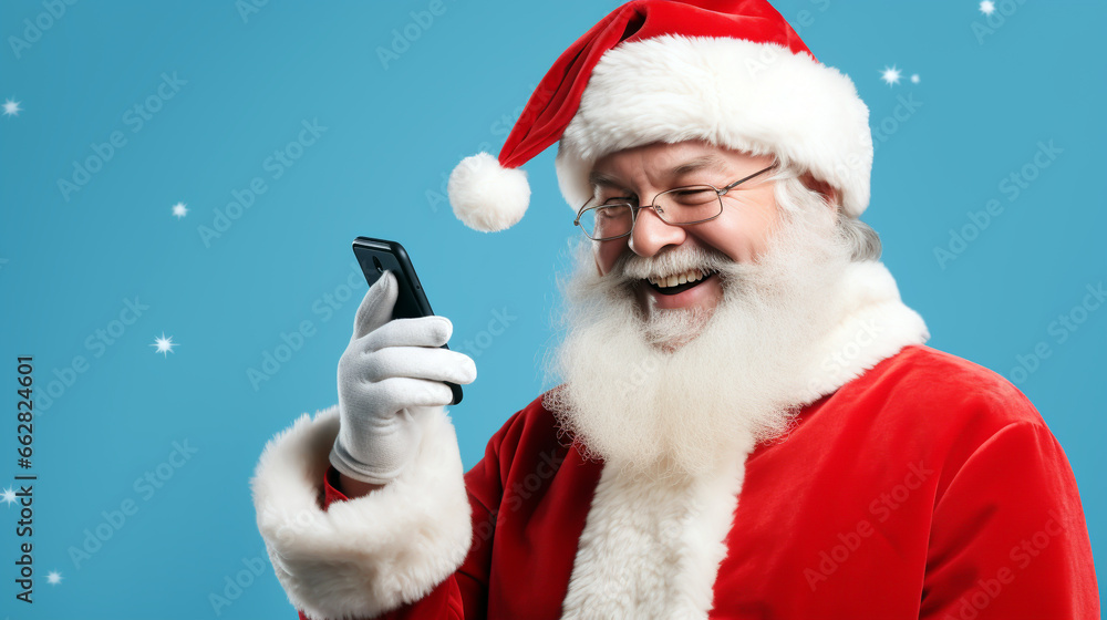 ELDERLY FAIRYTALE GRANDFATHER SANTA CLAUS WITH SMARTPHONE ON BLUE BACKGROUND, HORIZONTAL IMAGE. image created by legal AI