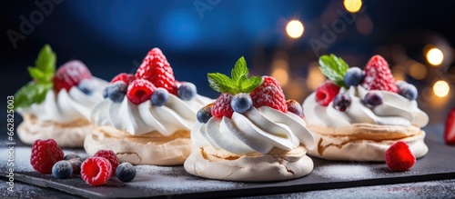 Mini pavlova cakes topped with fresh berries mint and Christmas decorations With copyspace for text photo