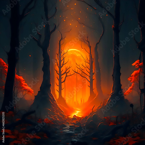 A halloween themed painting of a forest with a bright sun in the background