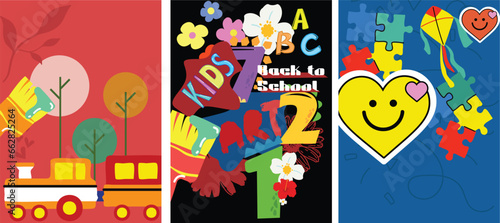 Staff equipment template of flyer, magazine, poster, book cover, booklet, banners. Grain texture and noise effect. People character with items around Kids playground background.