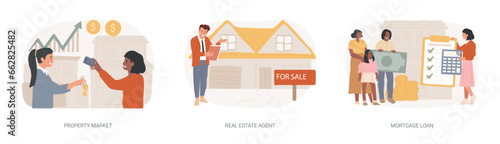 Buying property isolated concept vector illustration set. Property market, real estate agent, mortgage loan, new appartment, property investment, bank credit, down payment, pay off vector concept.
