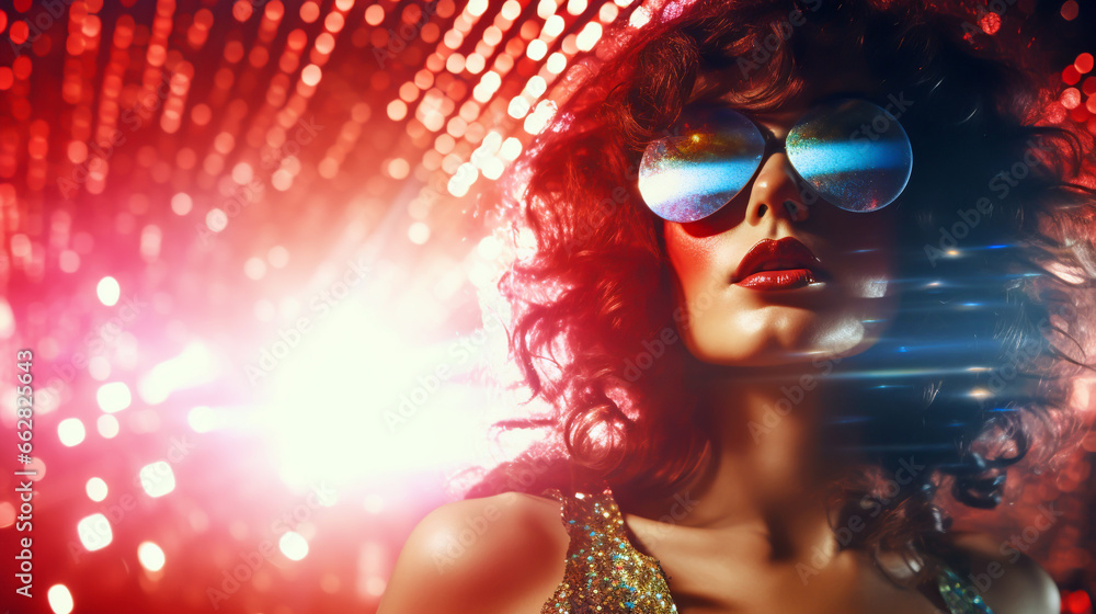 GLAMOROUS WOMAN, MODEL IN DISCO STYLE, NIGHTCLUB, HORIZONTAL IMAGE. image created by legal AI
