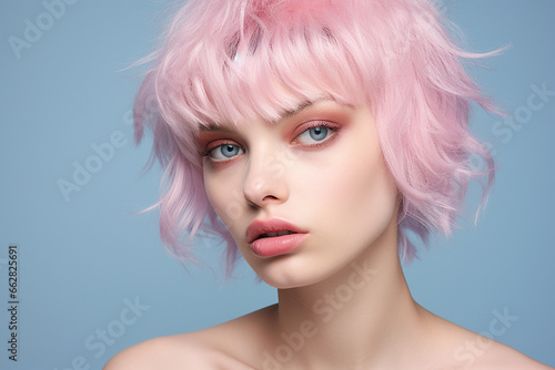 Beautiful woman withshort pink hair and pink makeup