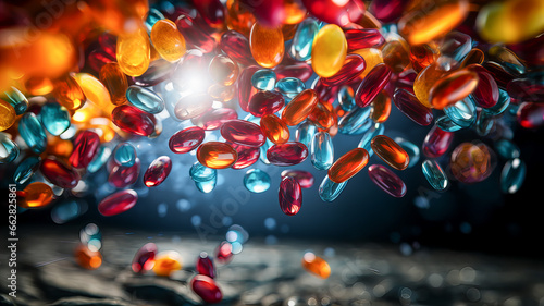 3d rendering of multicolor capsules and pills falling on black background. Generative AI technology.