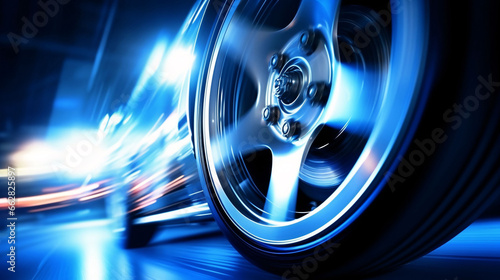 Closeup of wheels of fast sports car on highway, high performance car sport sprint speed concept illustration © lin